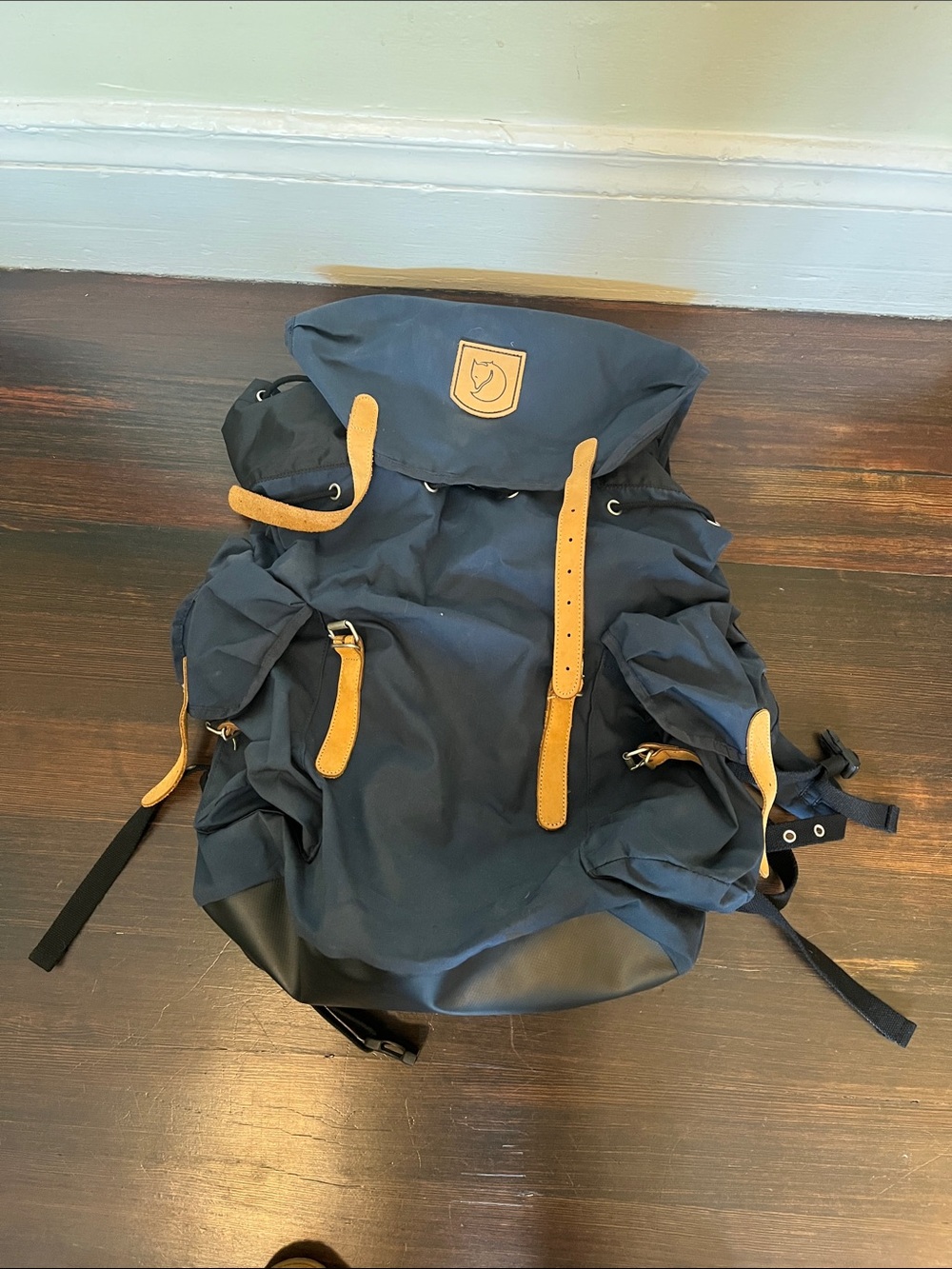 Fjallraven Navy Backpack with Tan Leather Accents